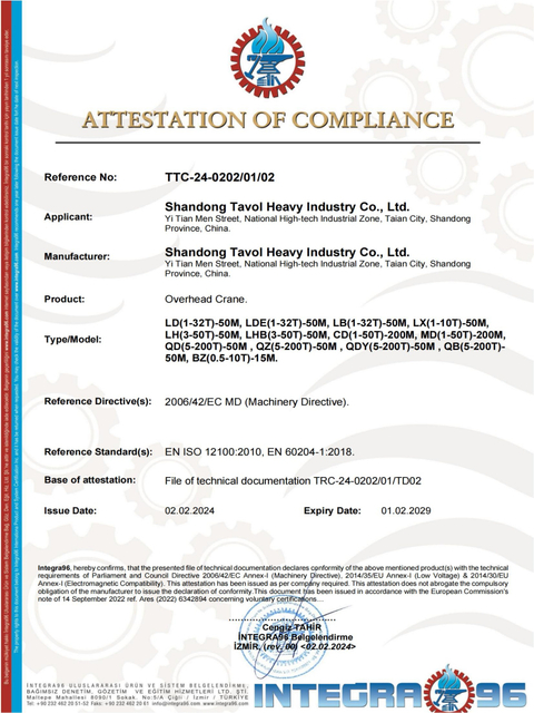 Certificado CE de pontes rolantes